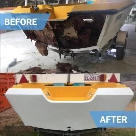Transom repair before and after — structural fibreglass rebuild Melbourne